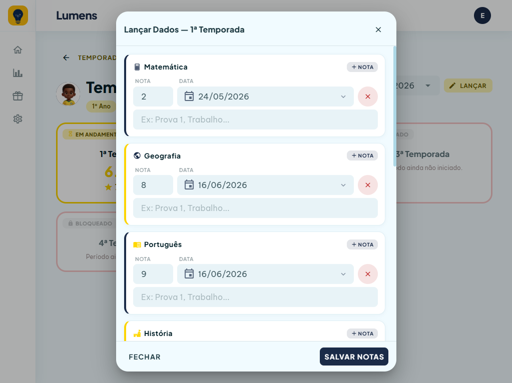 Tela de temporadas e lançamento de notas